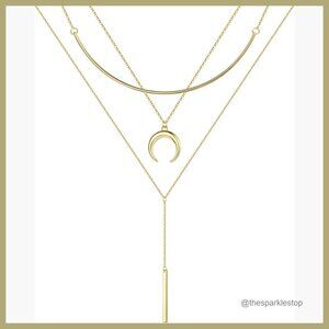 14K Gold Plated Layered Choker Necklace Set with Bar Pearls Moon